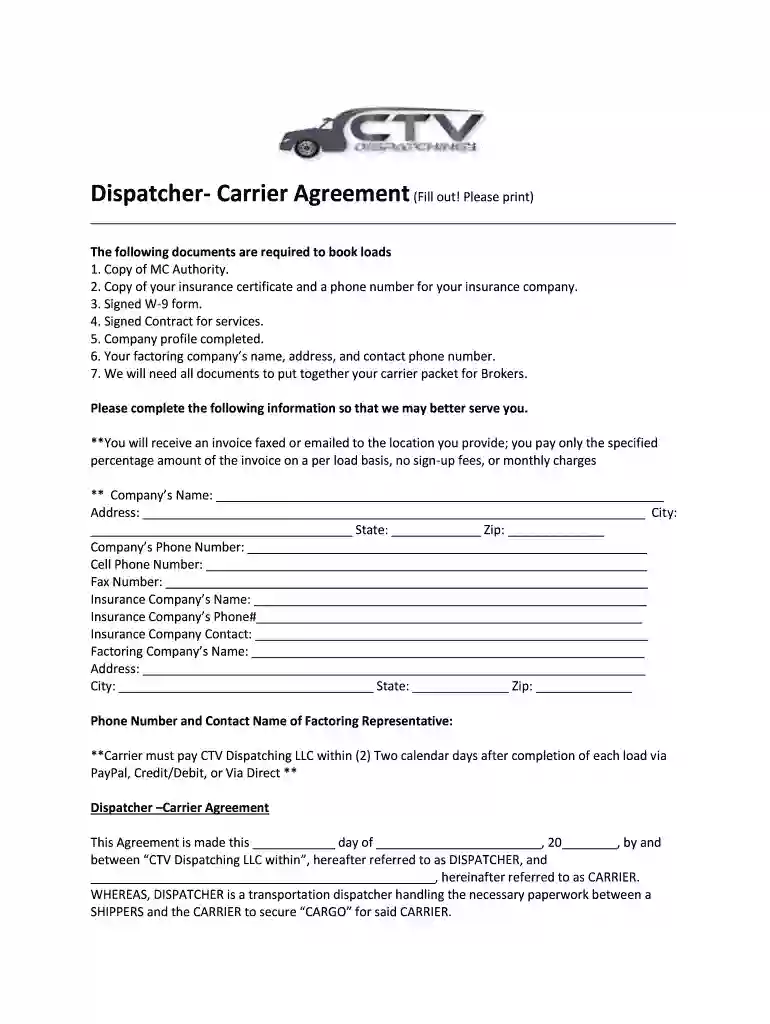 truck dispatcher agreement template Preview on Page 1