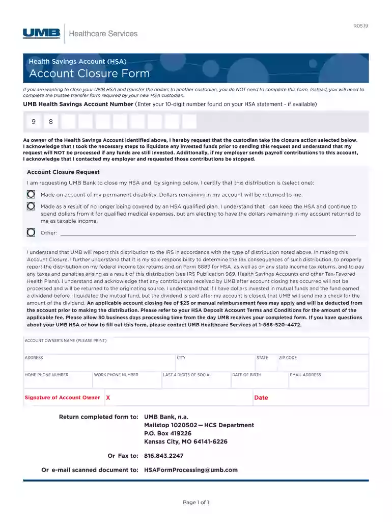 Account Closure Form - UMB Bank Preview on Page 1