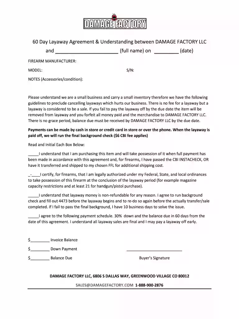 60 Day Layaway Agreement - Damage Factory Preview on Page 1