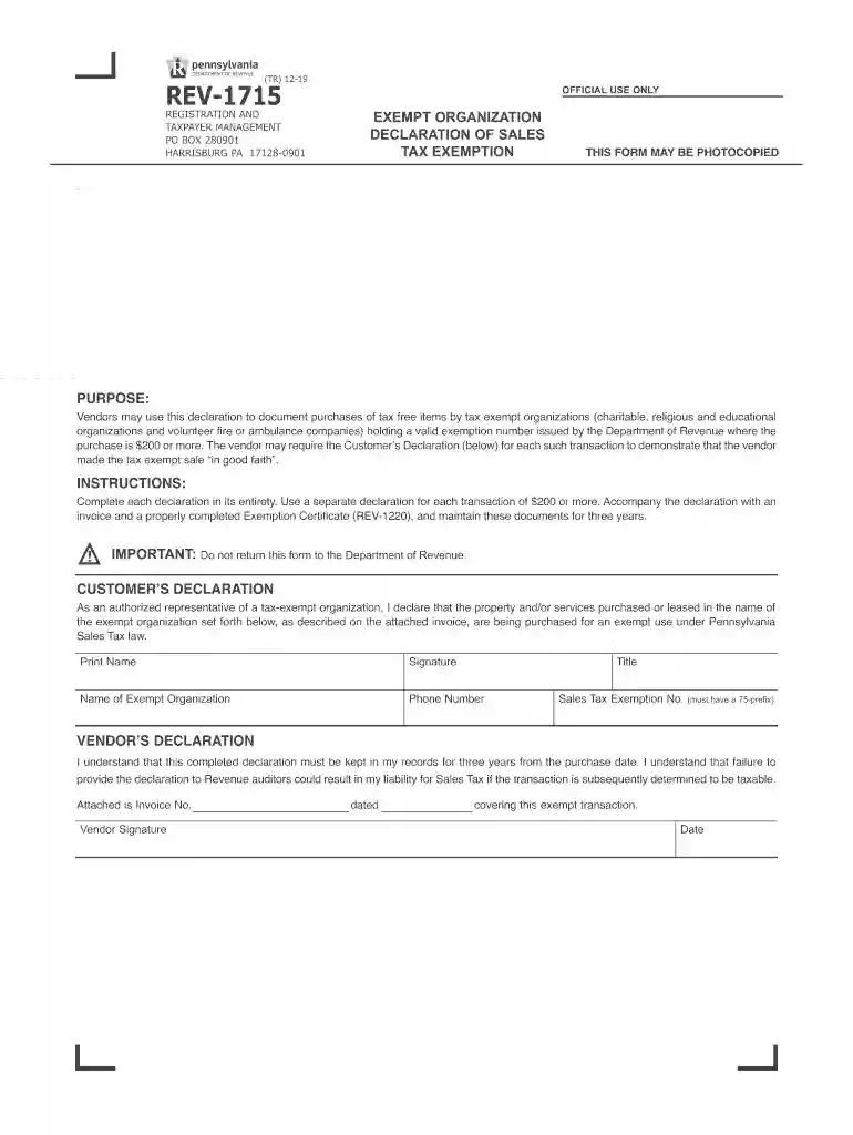 pa sales tax exemption form rev 1715 Preview on Page 1