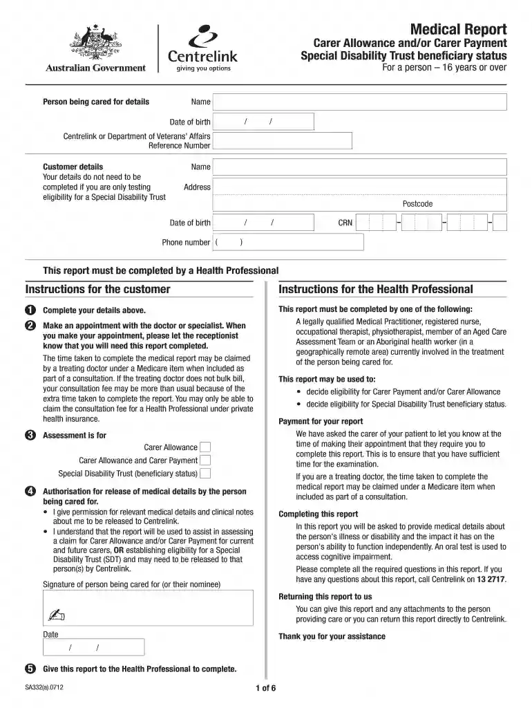centrelink carer payment form sa332a Preview on Page 1