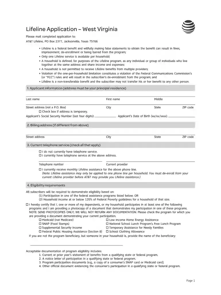 Fillable Online Lifeline Application West Virginia - AT&T Fax Preview on Page 1