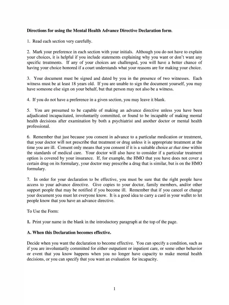 Advance Directive Declaration Form - NAMI Preview on Page 1