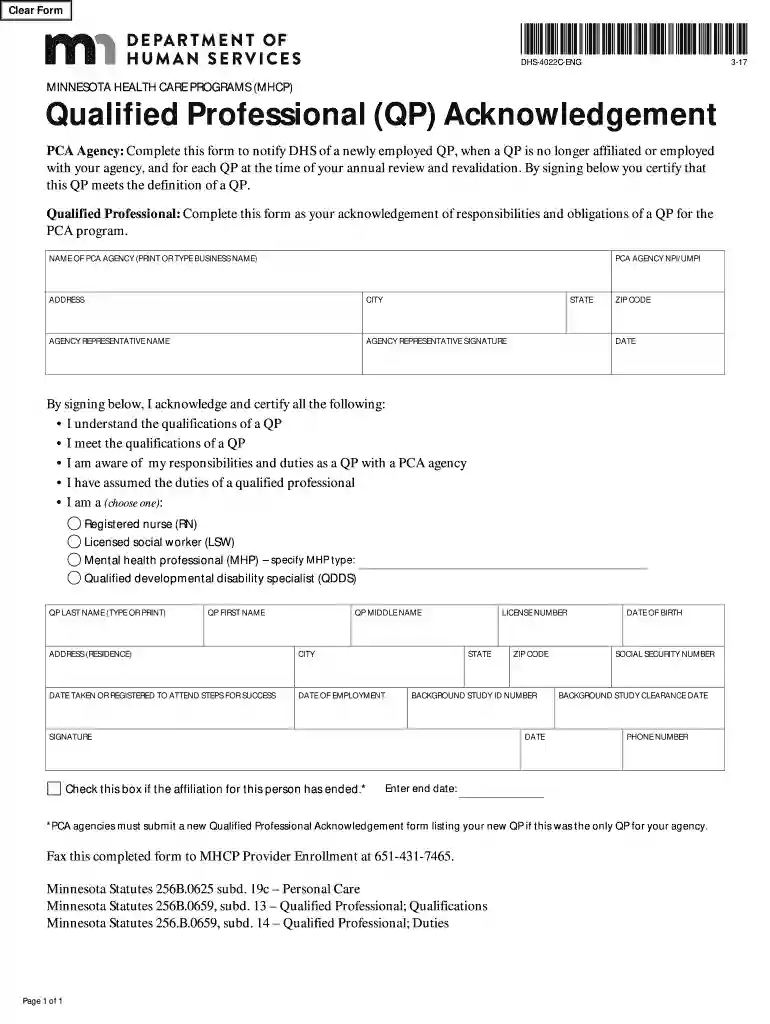DHS-4022C-ENG (MHCP Qualified Professional (QP) Acknowledgement) PCPO Preview on Page 1
