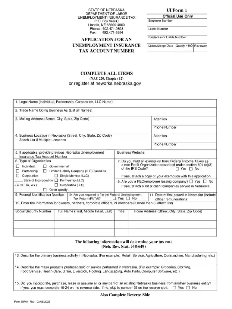 Nebraska Unemployment Insurance Tax Application Preview on Page 1