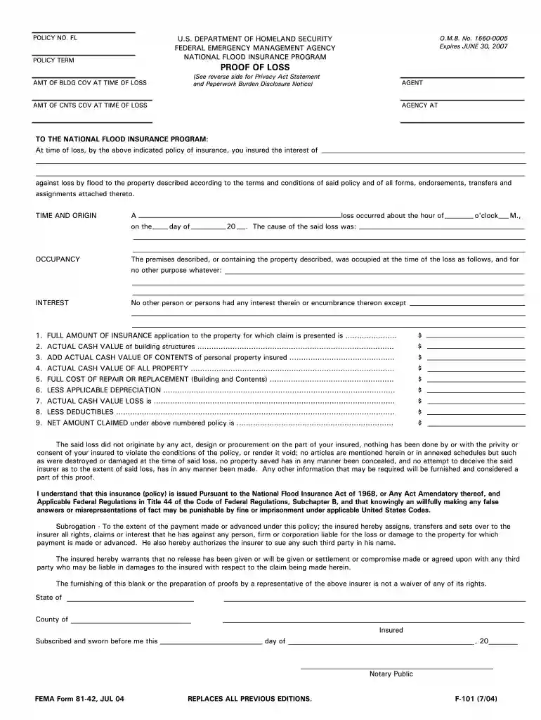 fema proof of loss form Preview on Page 1
