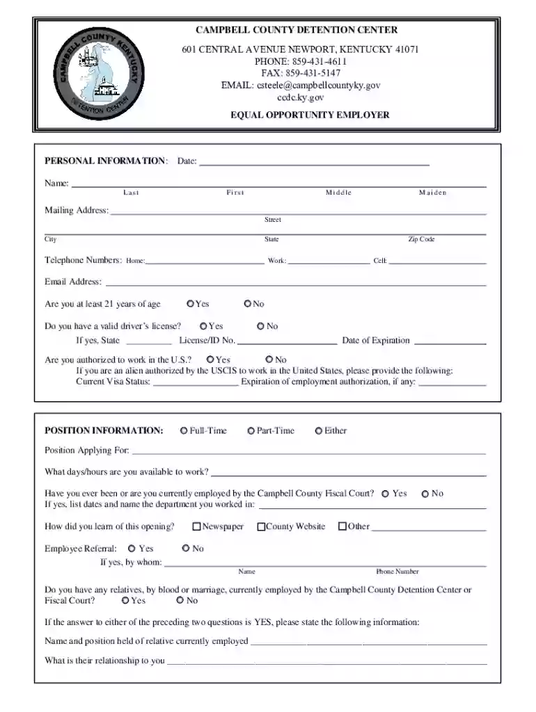Campbell County Detention Center Employment Application Preview on Page 1