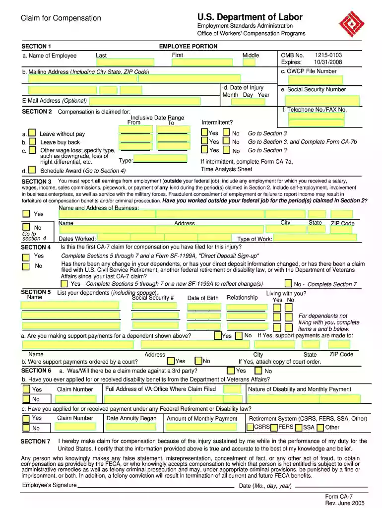 owcp forms ca 7 Preview on Page 1