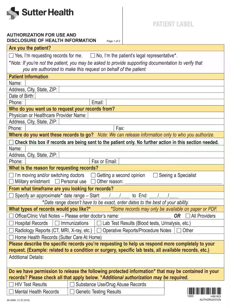 sutter authorization form Preview on Page 1