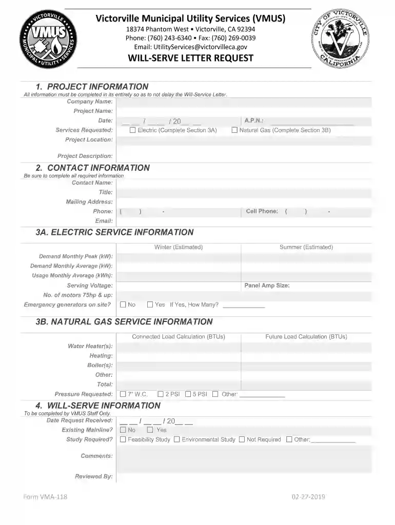 Victorville Municipal Utility Services (VMUS) WILL-SERVE LETTER Preview on Page 1