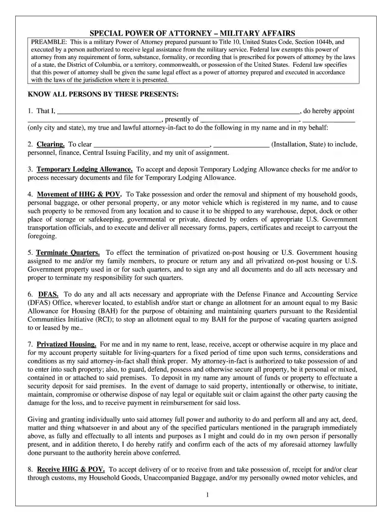 military special power of attorney form pdf Preview on Page 1