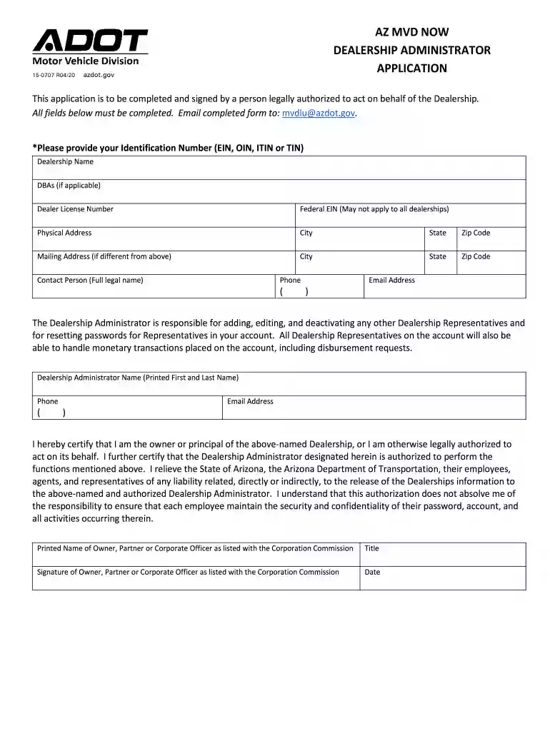 az mvd now dealership administrator application form Preview on Page 1