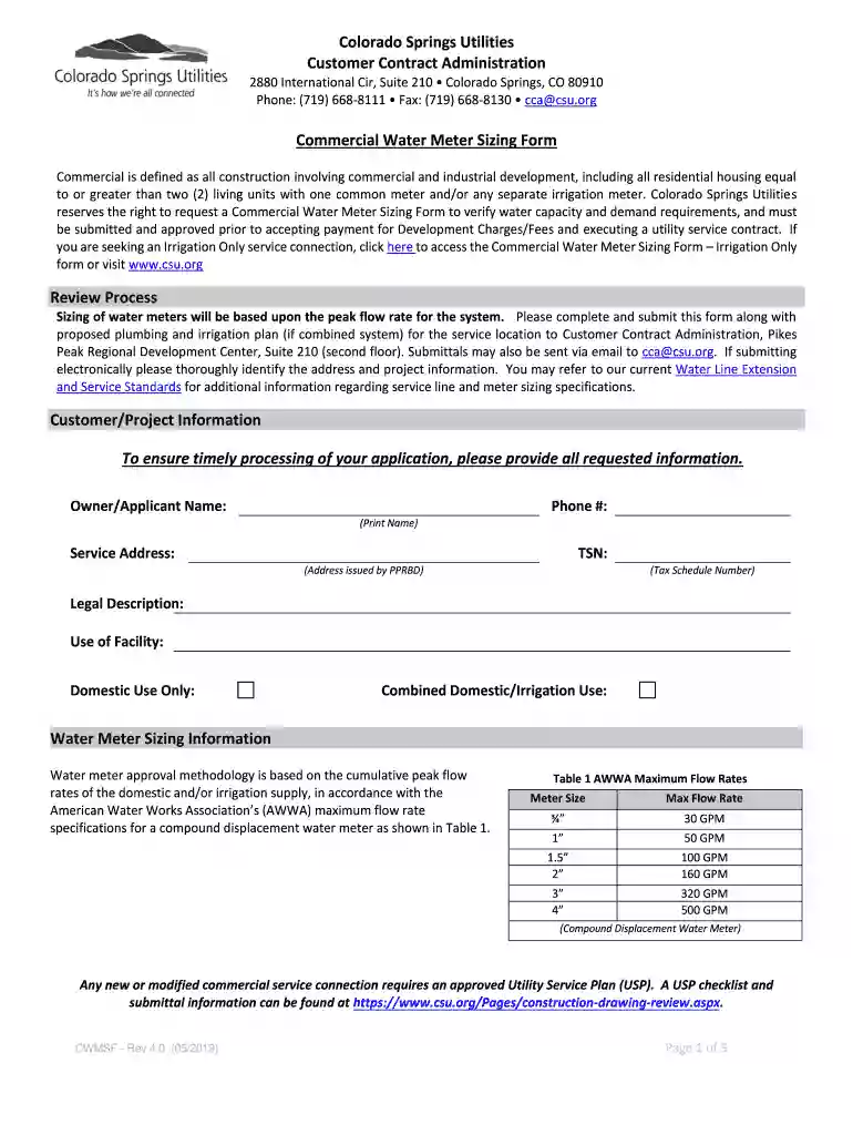 water sizing form Preview on Page 1