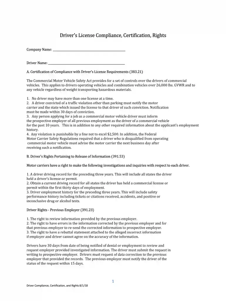 certification of compliance with driver license requirements Preview on Page 1