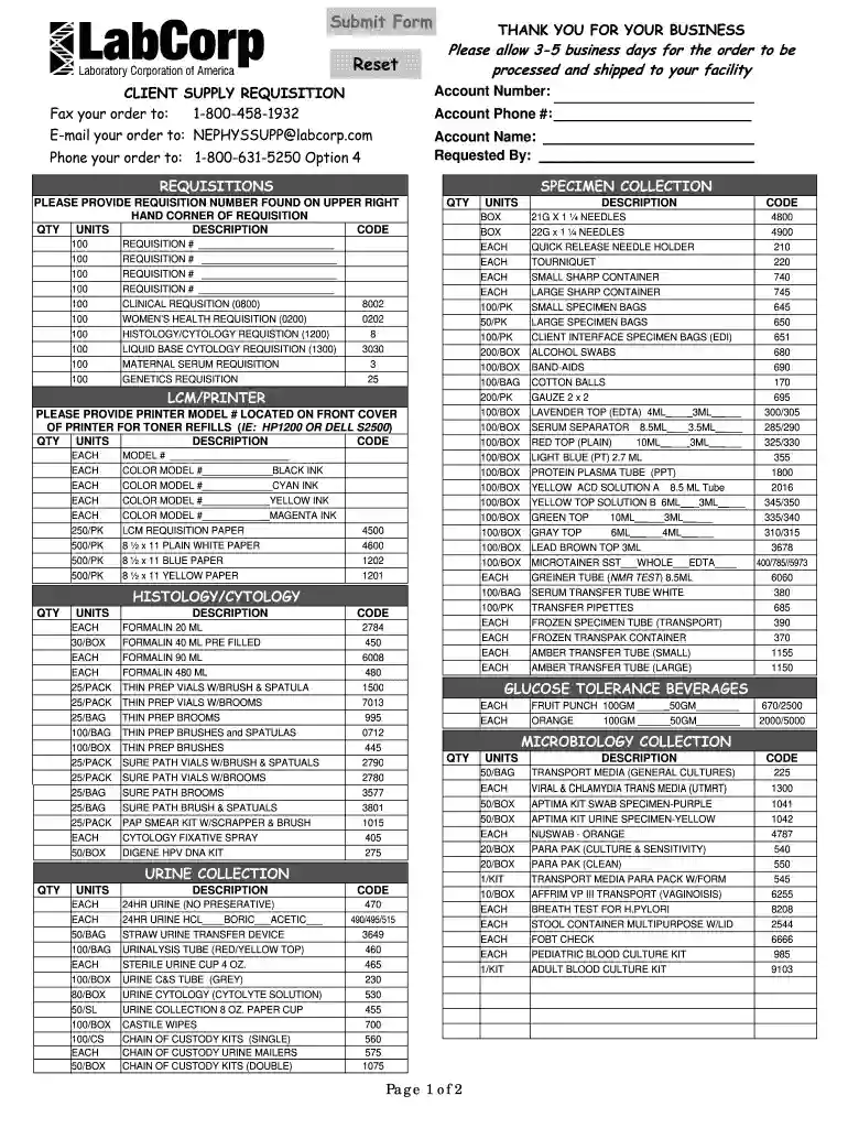 labcorp order form Preview on Page 1