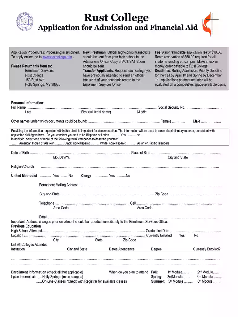 Rust College Application - Fill Online, Printable Preview on Page 1