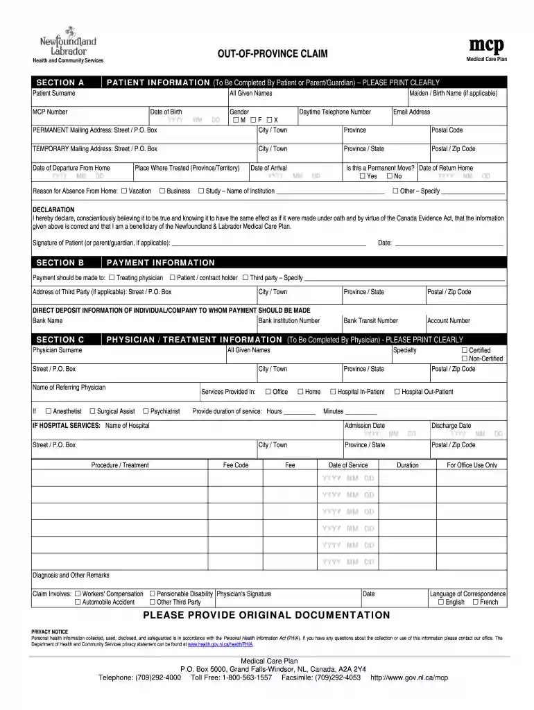 mcp out province claim form Preview on Page 1