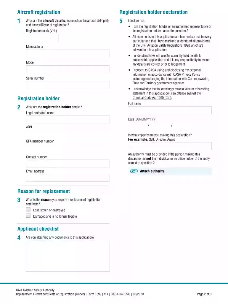 Form 1399 - Replacement aircraft certificate of registration (Glider) Preview on Page 1