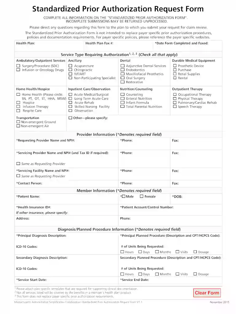 standardized prior authorization request form Preview on Page 1