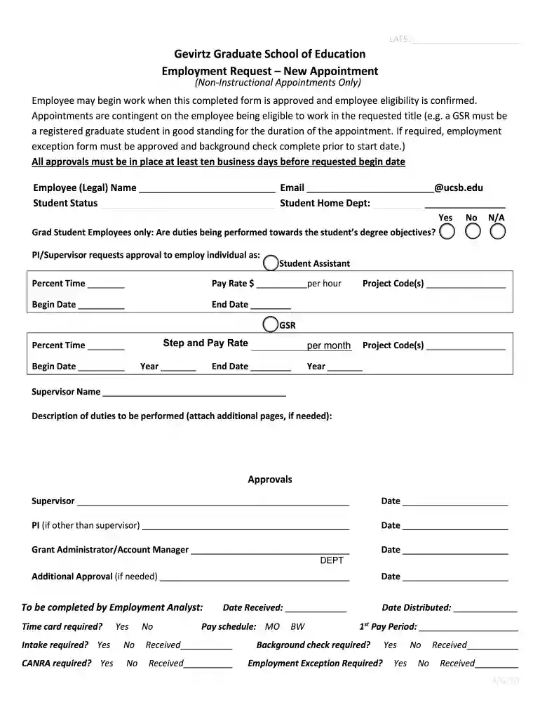 Gevirtz Graduate School of Education Employment Request Preview on Page 1