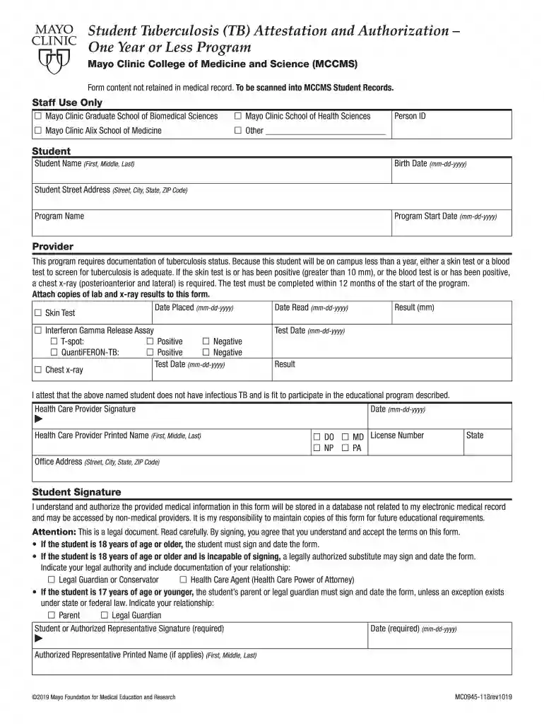 MCCM Student Tuberculosis Attestation Form -One Year Or Less Program - MC0945-118. MCCM Student Tuberculosis Attestation Form -One Year Program - Student Tuberculosis TB Attestation Authorization Year Program Clinic College Medicine Science MCCMS For Preview on Page 1