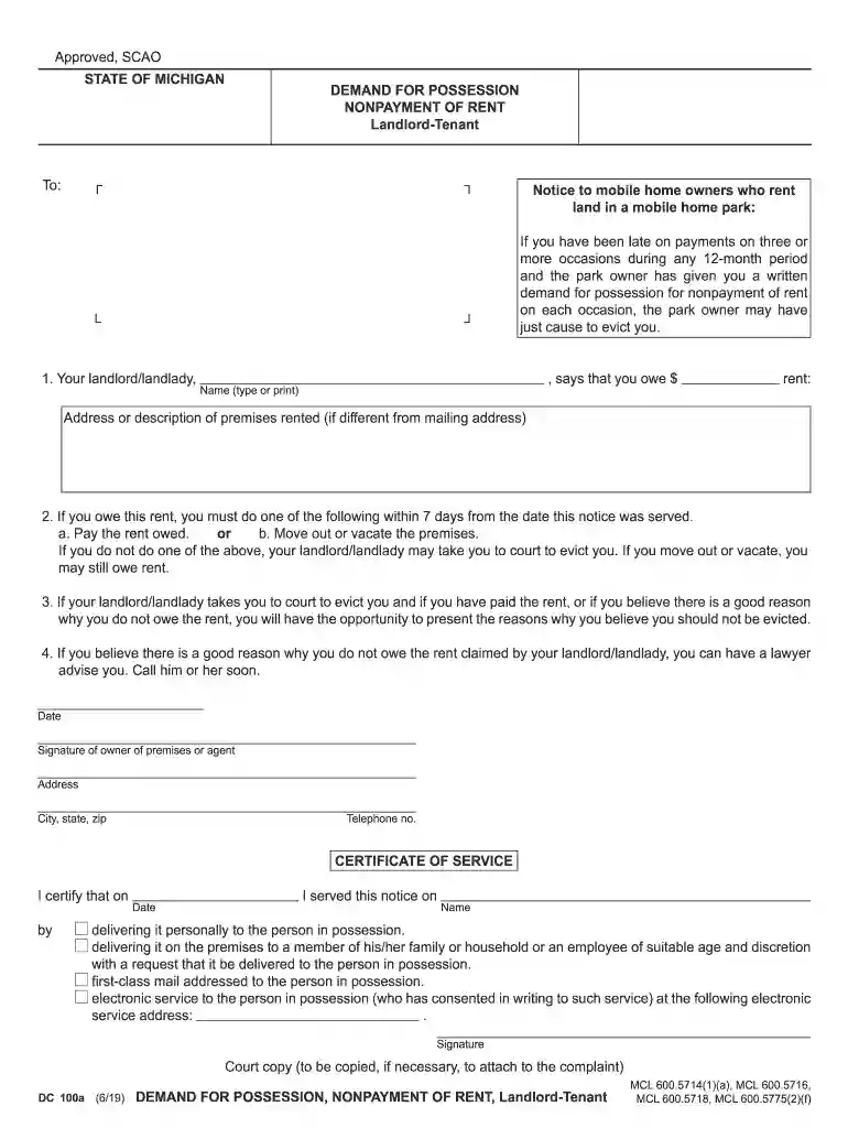 DC 100a, Demand for Possession, Nonpayment of Rent, Landlord-Tenant Preview on Page 1
