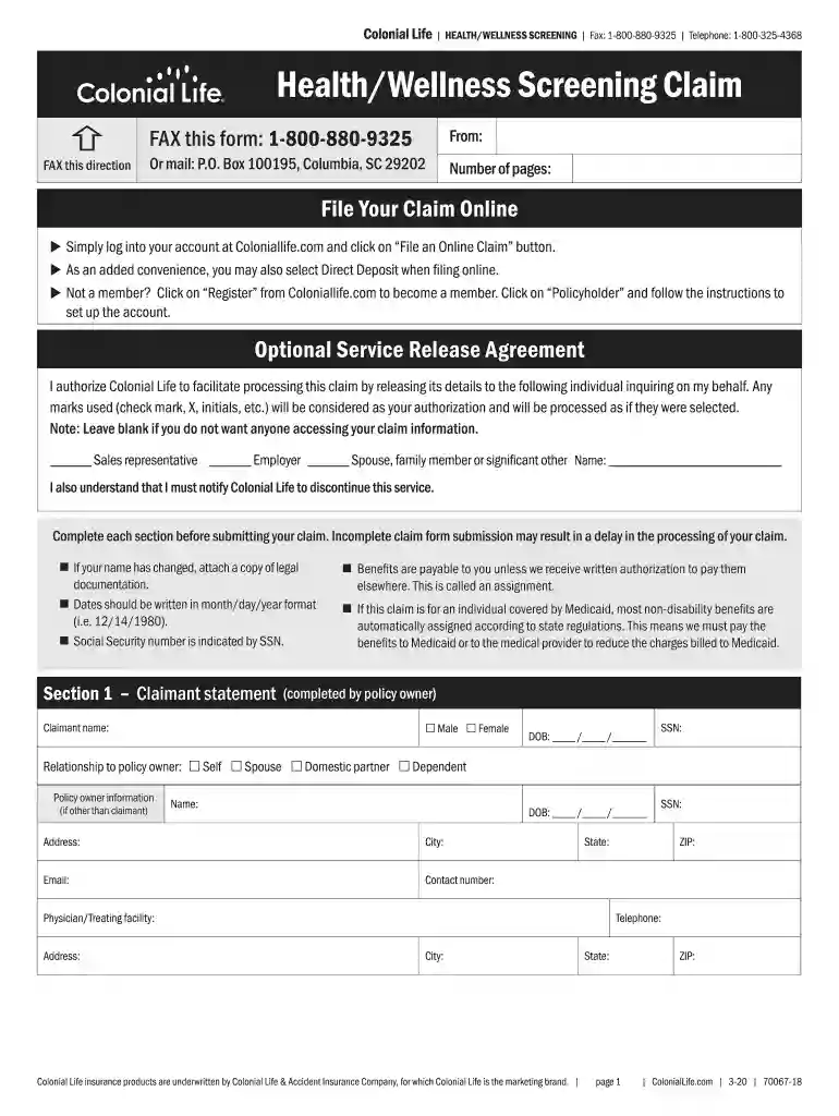 colonial life wellness claim form Preview on Page 1