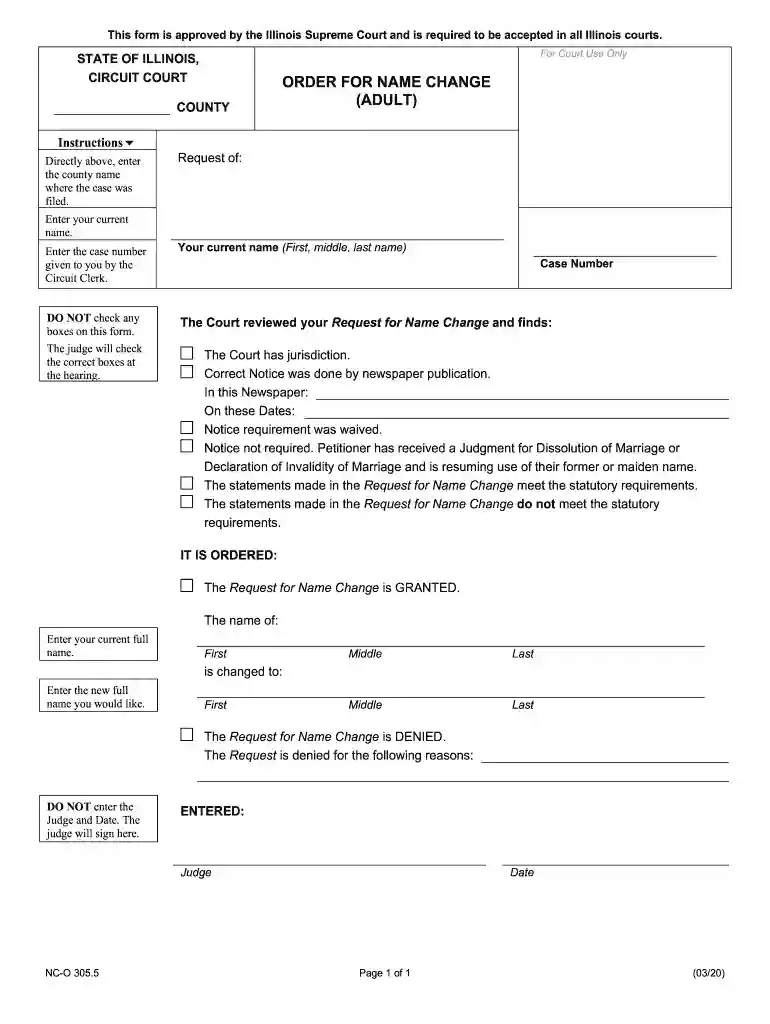 Illinois Statewide Forms - Approved - Name Change Order (Adult) Preview on Page 1