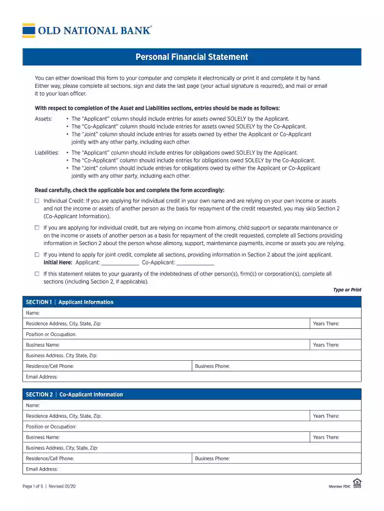 Personal Financial Statement - Old National Bank Preview on Page 1