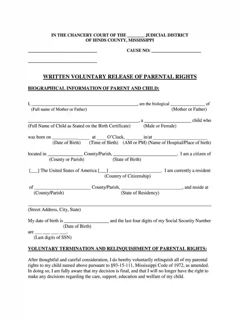 WRITTEN VOLUNTARY RELEASE OF PARENTAL RIGHTS Preview on Page 1