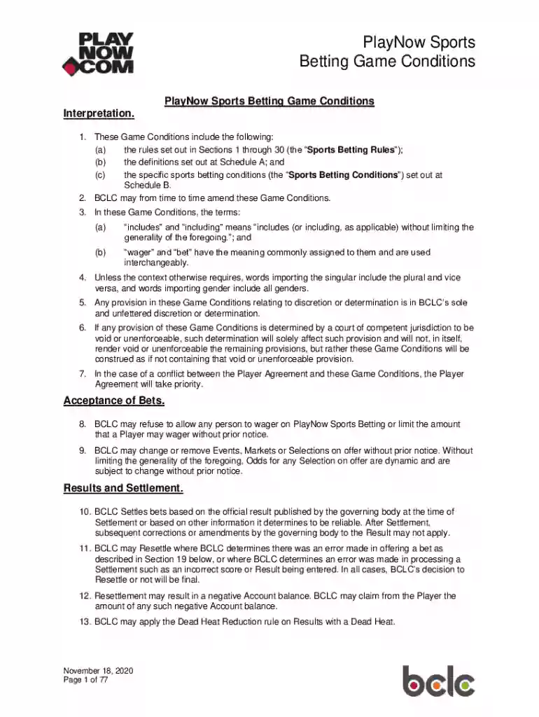 PlayNow Sports Betting Game Conditions Preview on Page 1