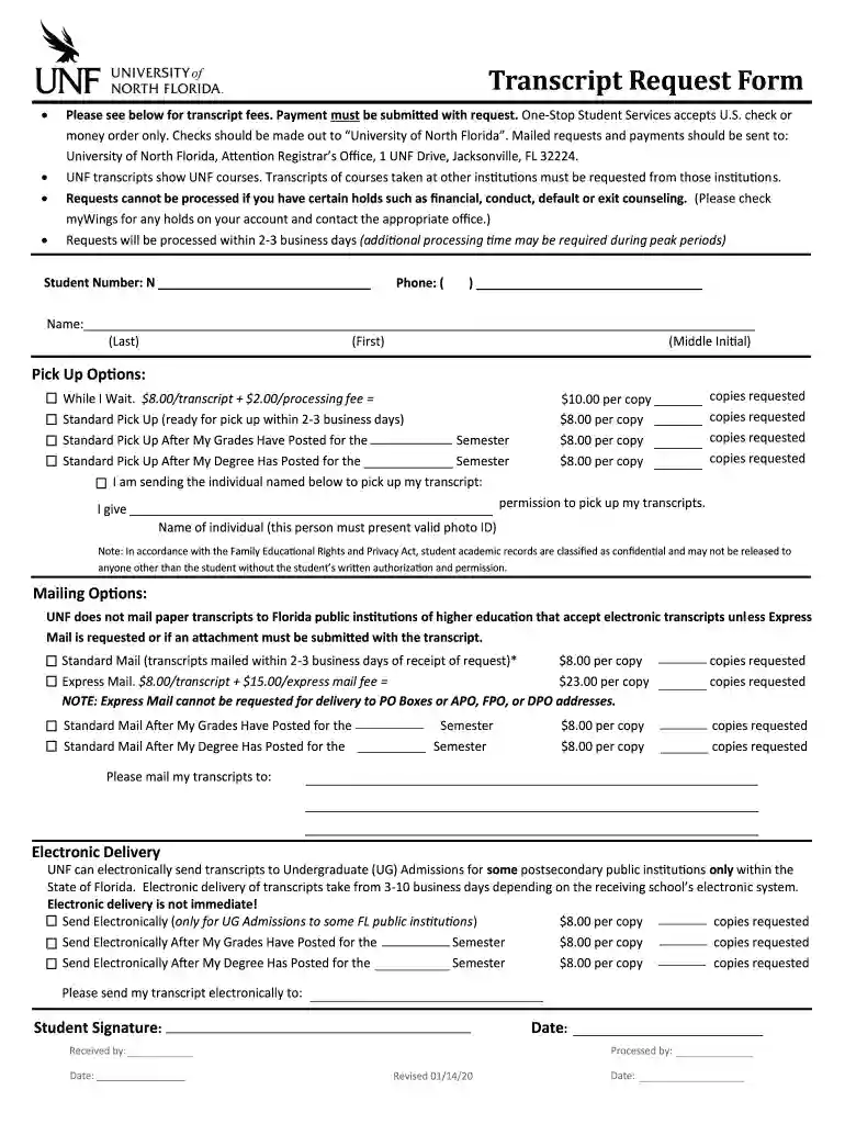 unf transcript request Preview on Page 1