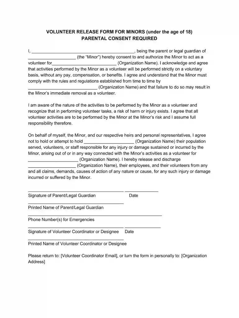 volunteer release form for minors template Preview on Page 1