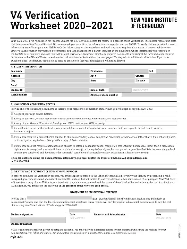 V4 Verification Worksheet 20202021 - NYIT Preview on Page 1