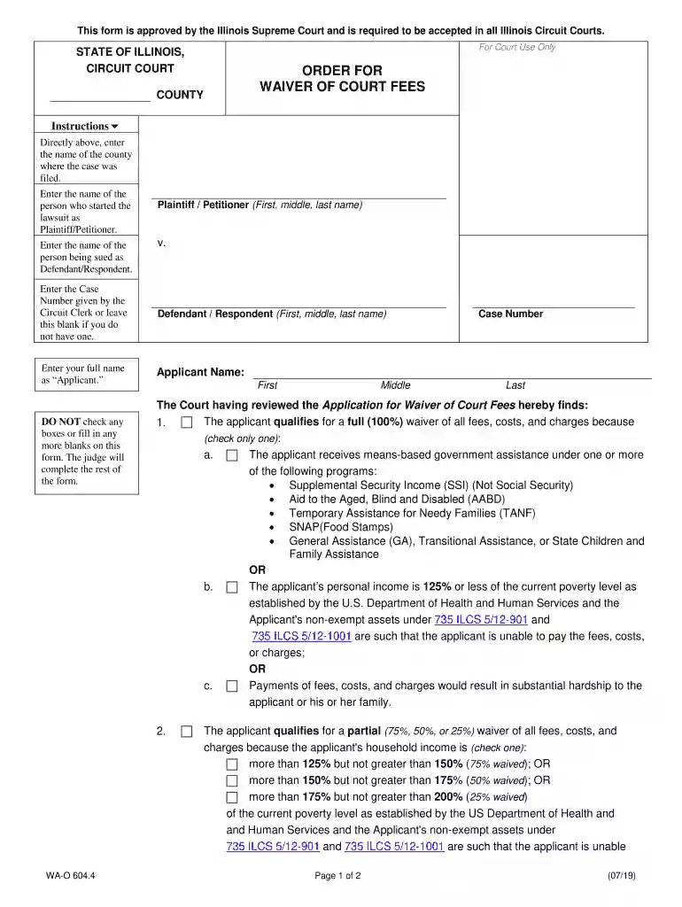 2019 IL IL Order for Waiver of Court Fees Preview on Page 1