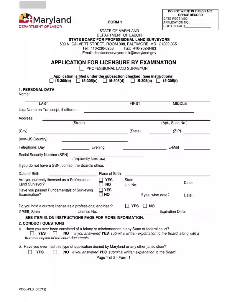 Maryland Surveyor Exam Application Form Preview on Page 1