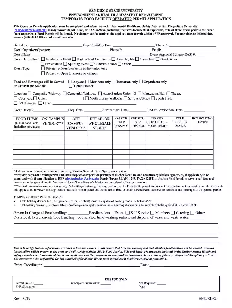 SPECIAL EVENTS FOOD SERVICE APPLICATION Preview on Page 1