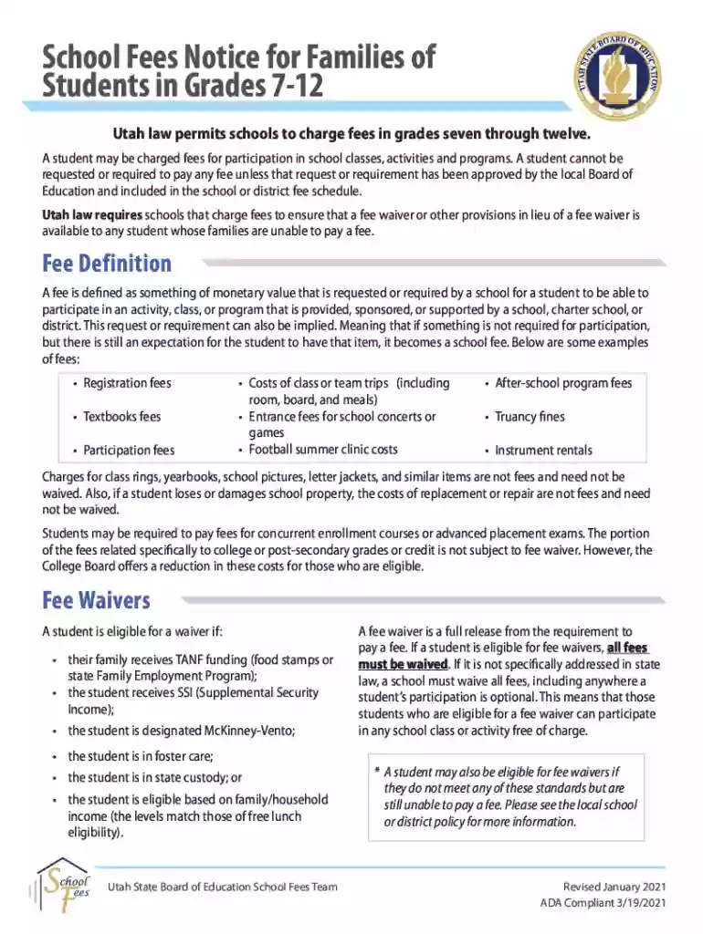 School Fees Notice for Families of Students in Grades 7-12 Preview on Page 1