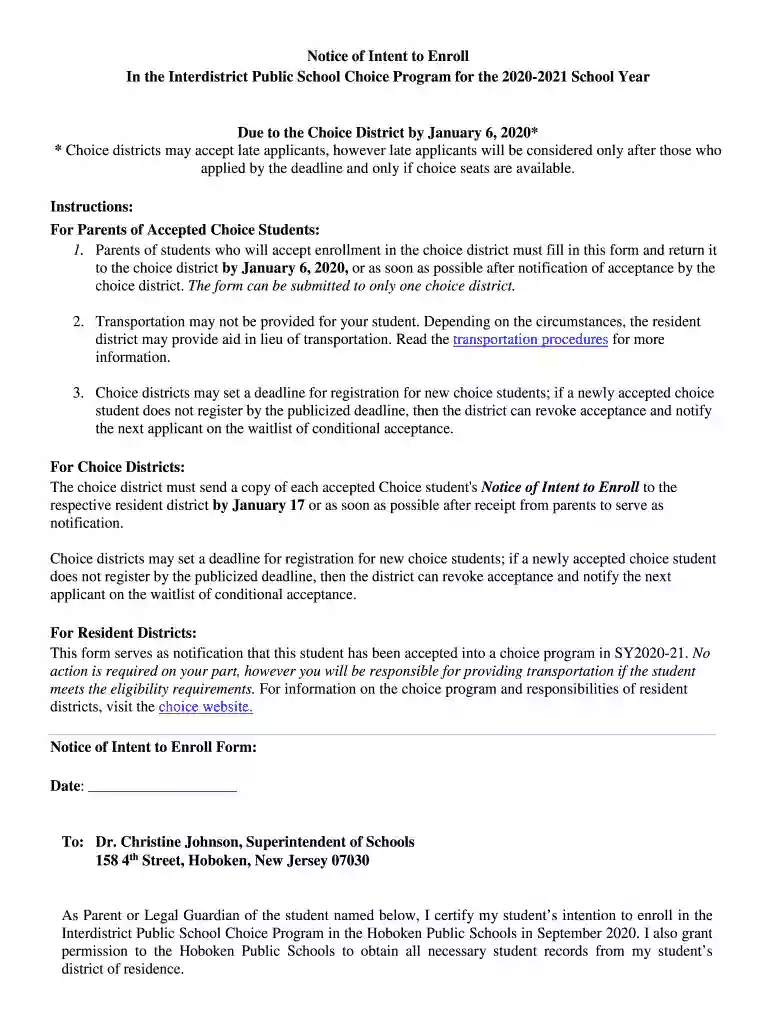 2020-2021 Notice of Intent to Enroll - Hoboken Public School District Preview on Page 1
