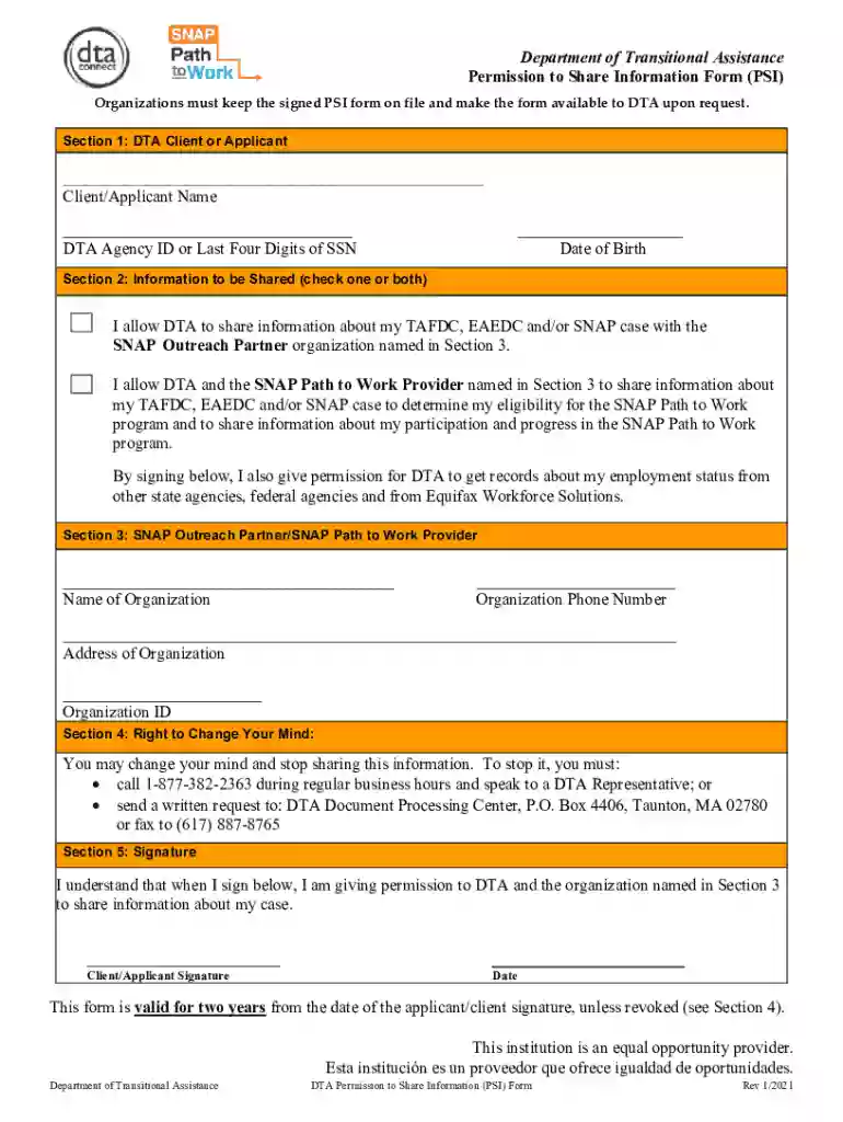 2021 MA DTA Permission to Share Information Form Preview on Page 1