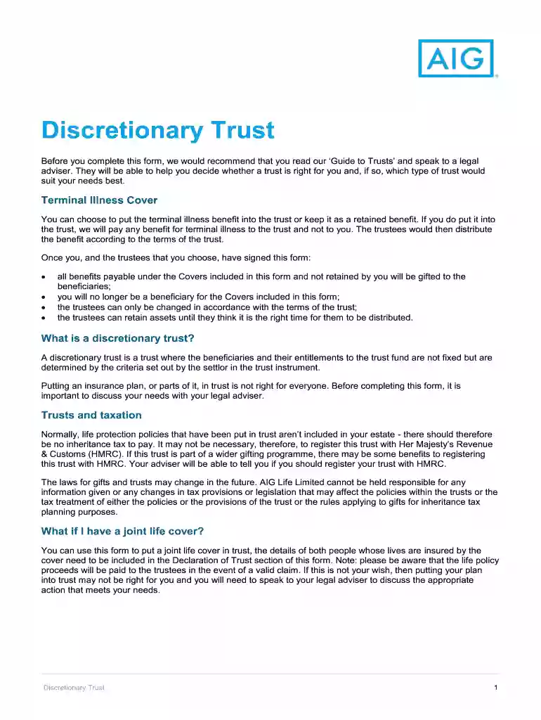 discretionary trust form Preview on Page 1