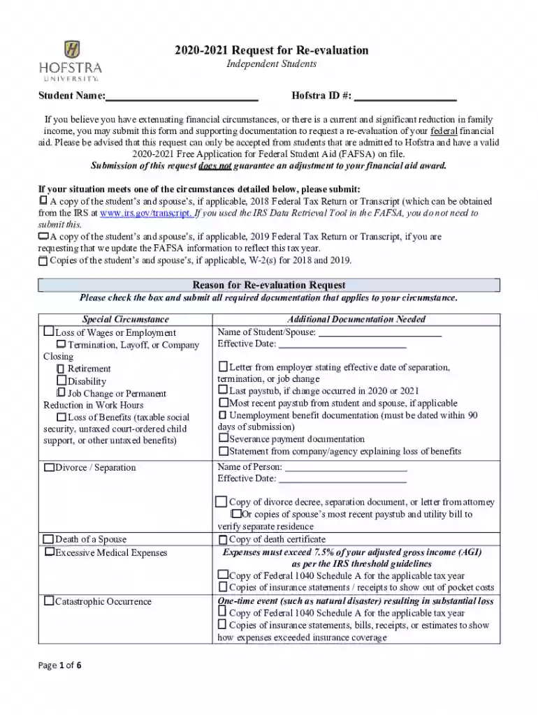 2020-2021 Request for Re-evaluation - Independent Students Preview on Page 1
