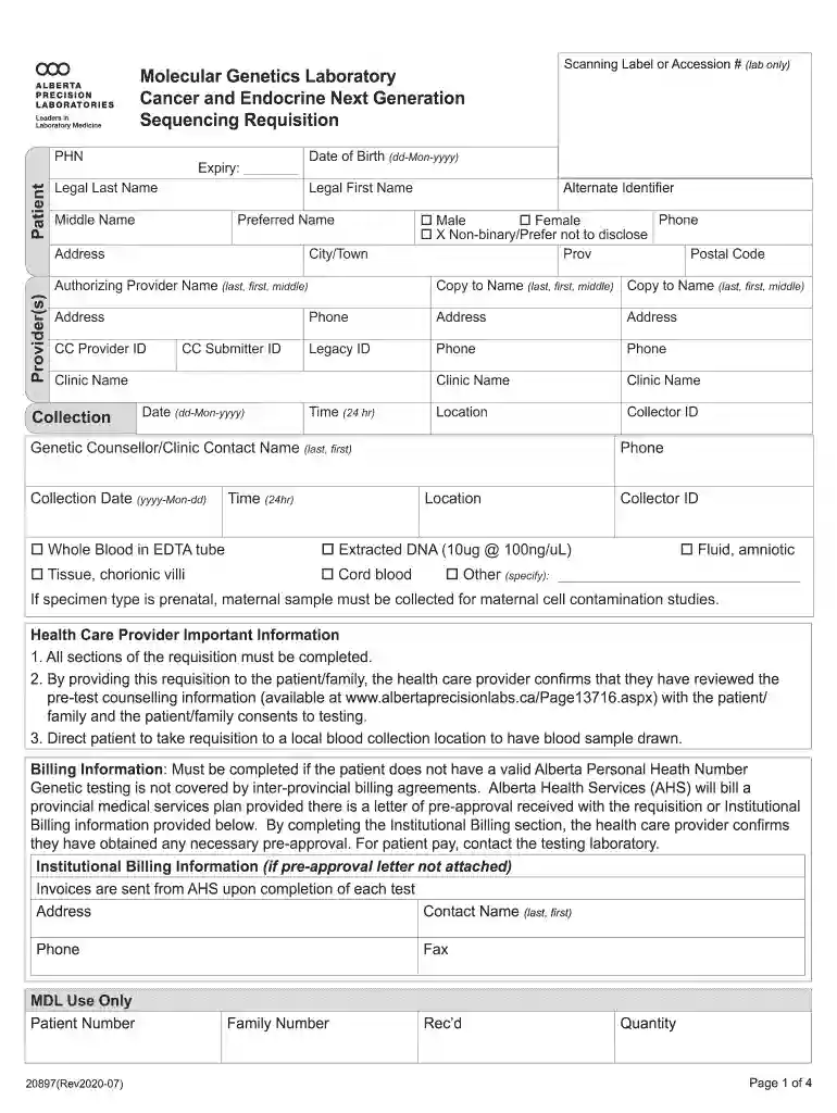 Molecular diagnostic Laboratory Cancer and Endocrine Next Generation Sequencing Requisition form Preview on Page 1