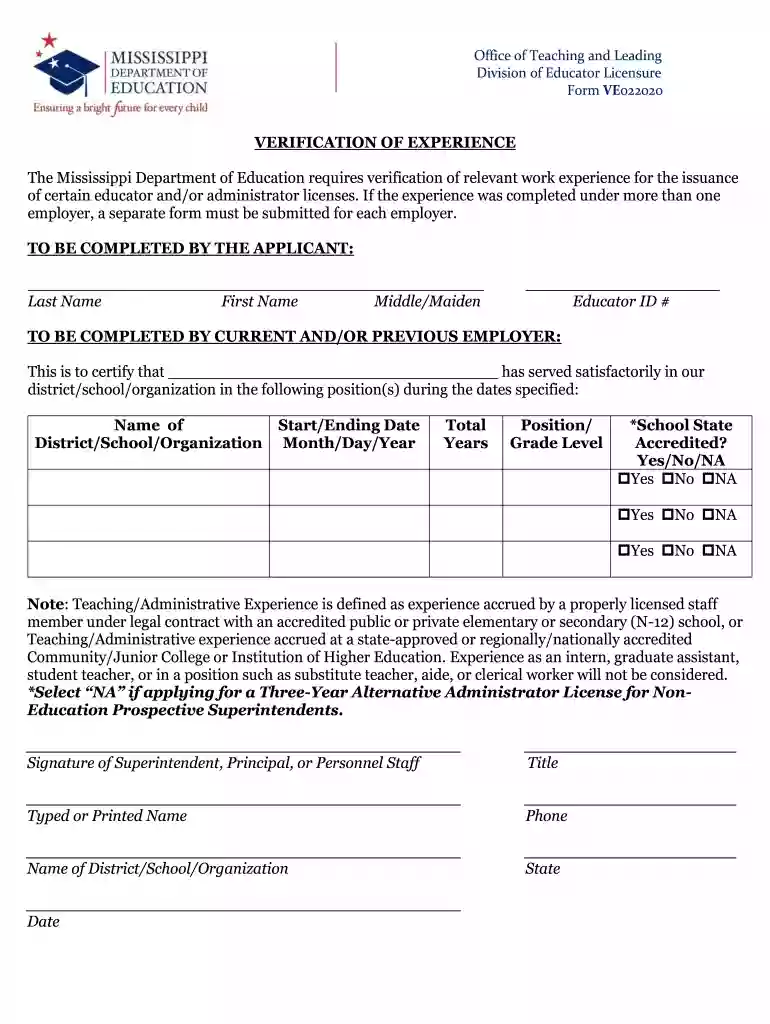 Verification of Education Experience Form - The Mississippi Preview on Page 1