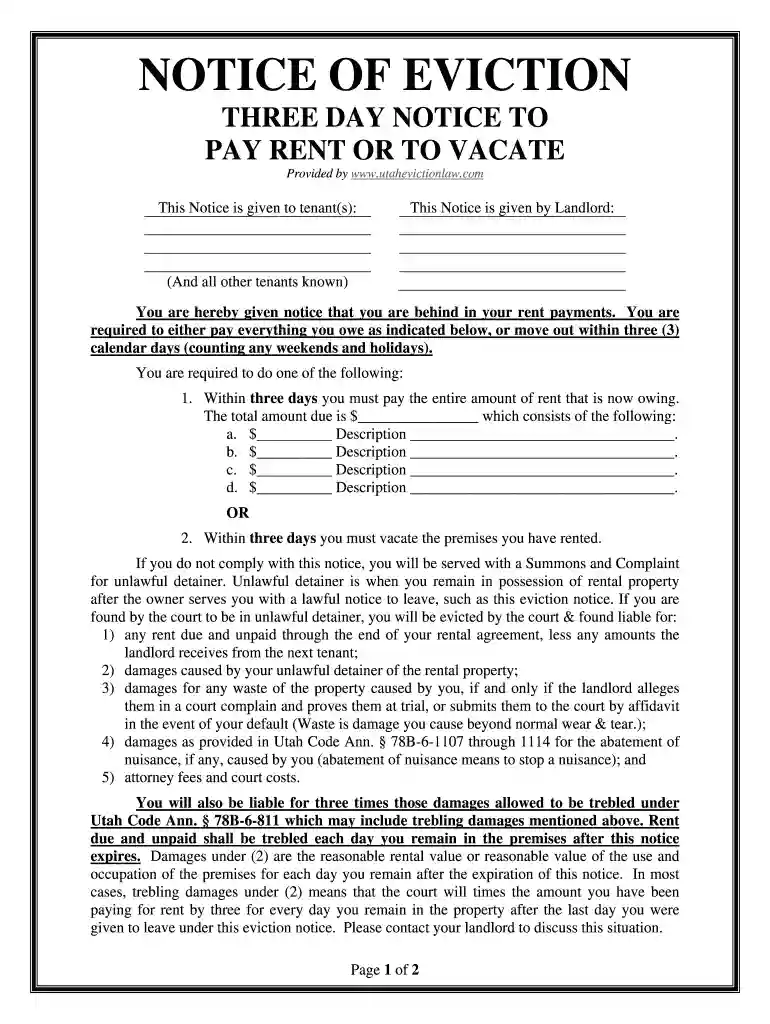 Free Utah Three Day Pay or Quit Notice - wwwutahevictionlawcom 2010-04-21 Preview on Page 1