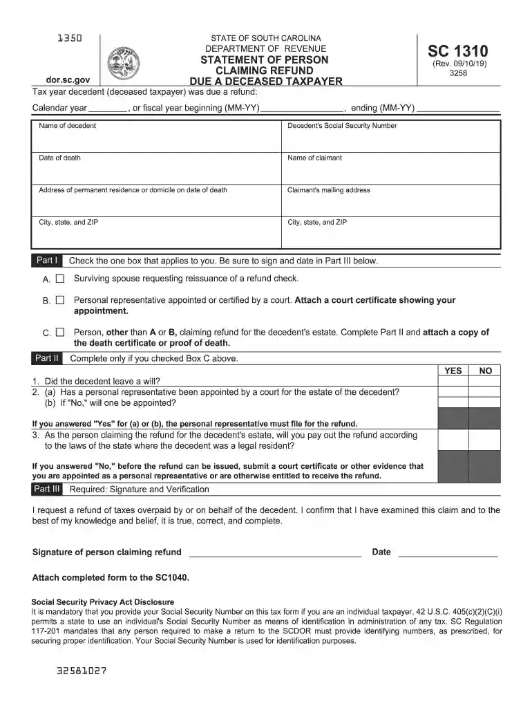 Form Sc 1310 - Statement Of Person Claiming Refund Due A ... Preview on Page 1