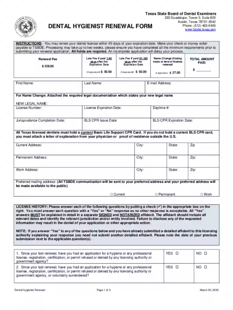 DENTAL HYGIENIST RENEWAL FORM Preview on Page 1