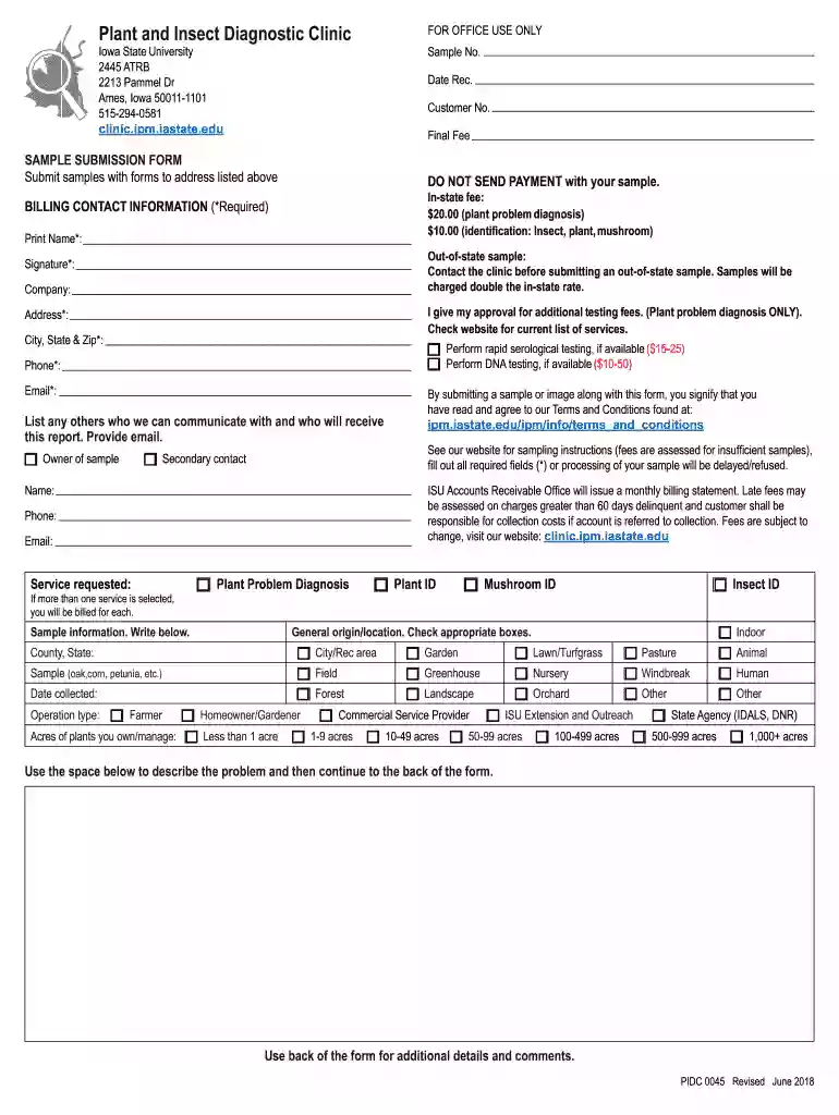 Plant and Insect Diagnostic Clinic Sample Submission Form Preview on Page 1