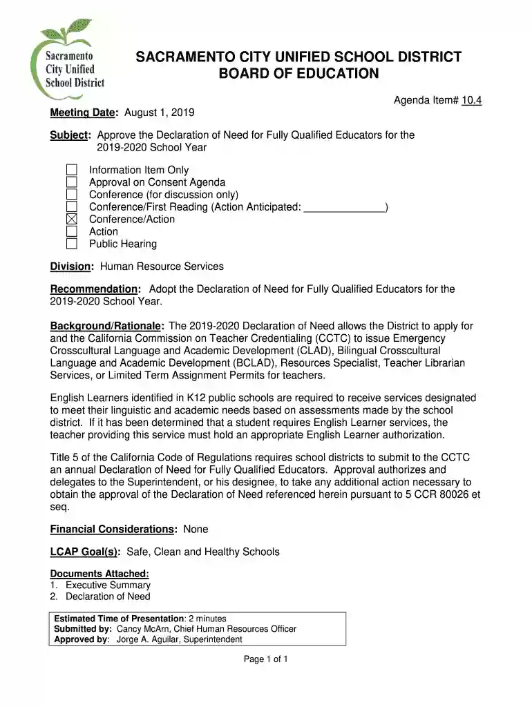 Recommendation: Adopt the Declaration of Need for Fully Qualified Educators for the Preview on Page 1