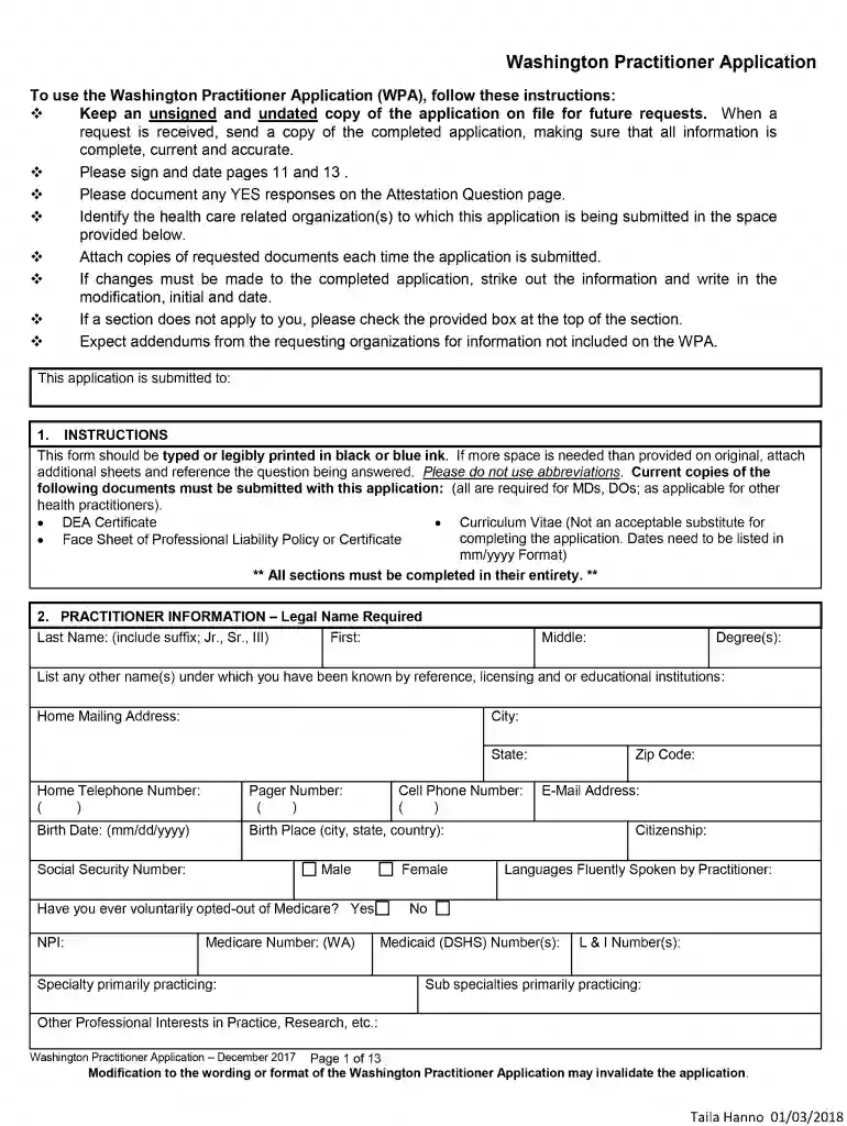 wa practitioner application form Preview on Page 1